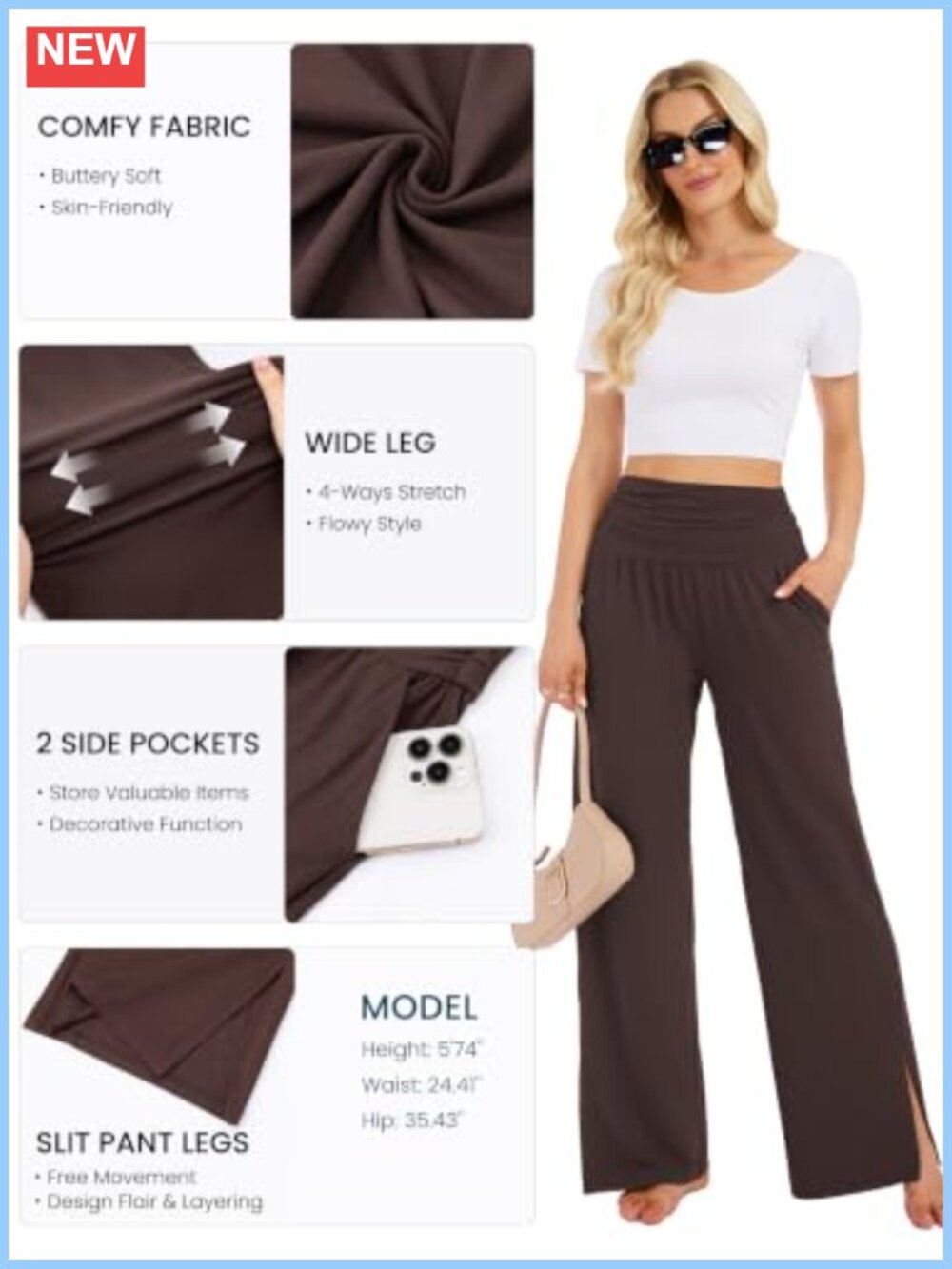 Wide Leg Lounge Pants High Waist Flowy Palazzo Trousers with Pockets - Picture 4 of 6